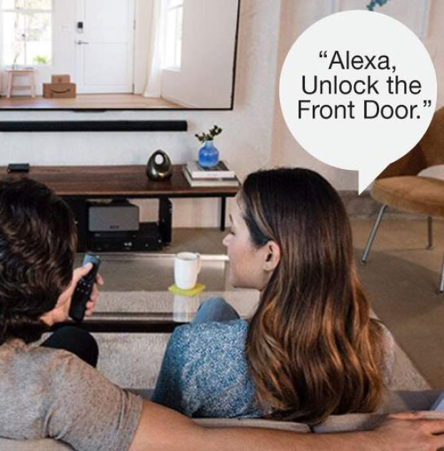 woman saying Alexa Unlock the Front Door.