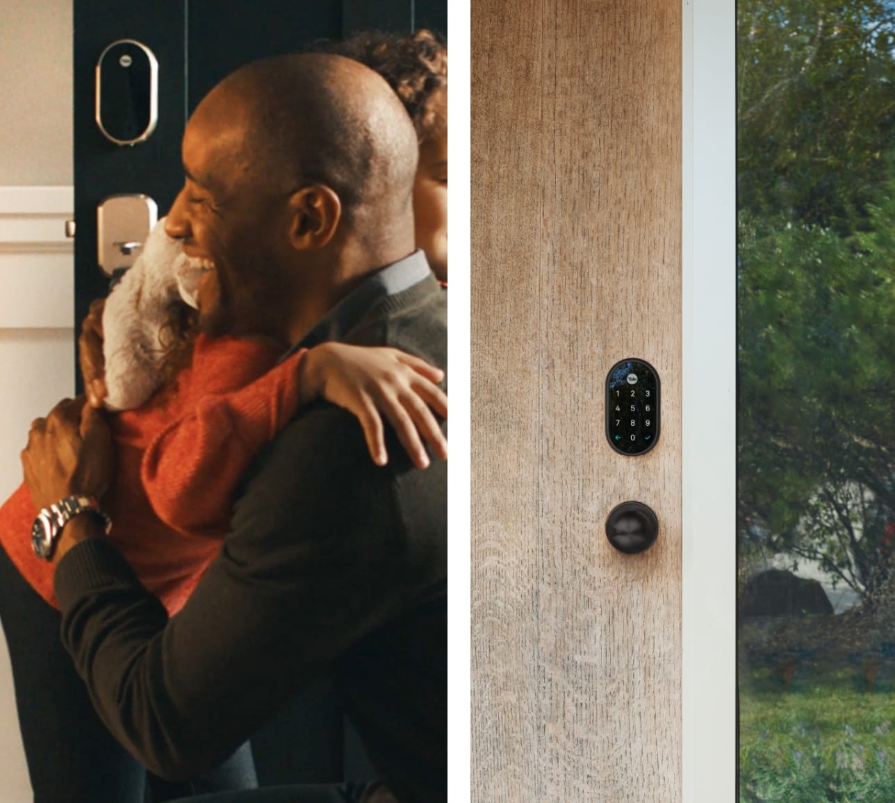 Nest x Yale Lock convenient auto lock on door with dad coming home to daughter 