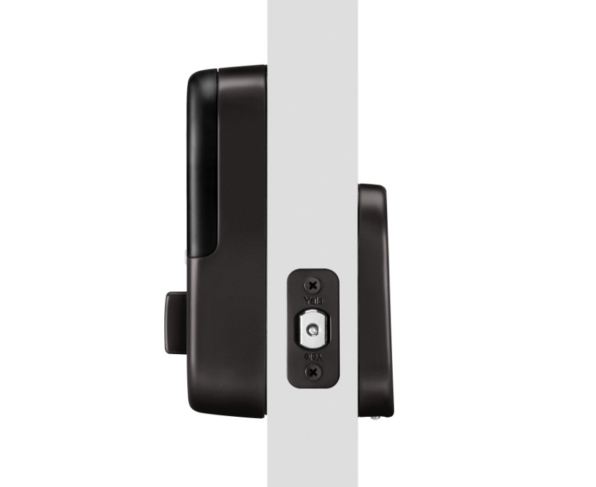 Nest x Yale lock on door showing side view of easy installation and secure and tamper proof
