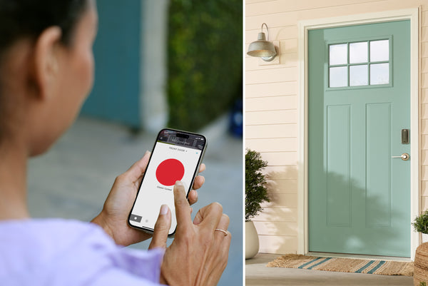 Woman using phone to unlock her green front door. 