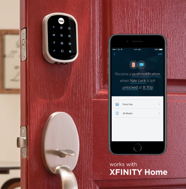 yale door lock and smart phone showing app